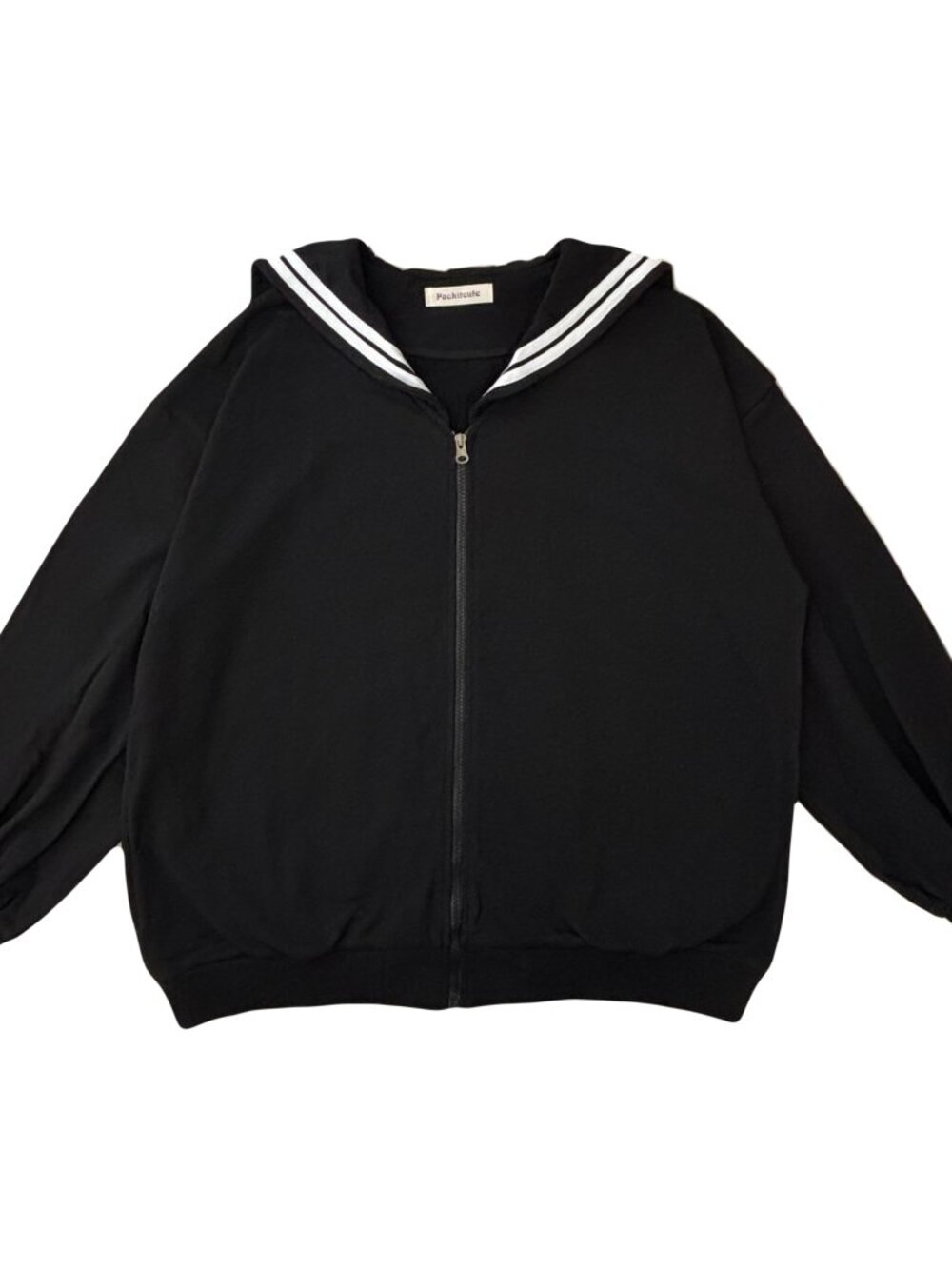 Black sailor collar terry cotton zip-up hoodie